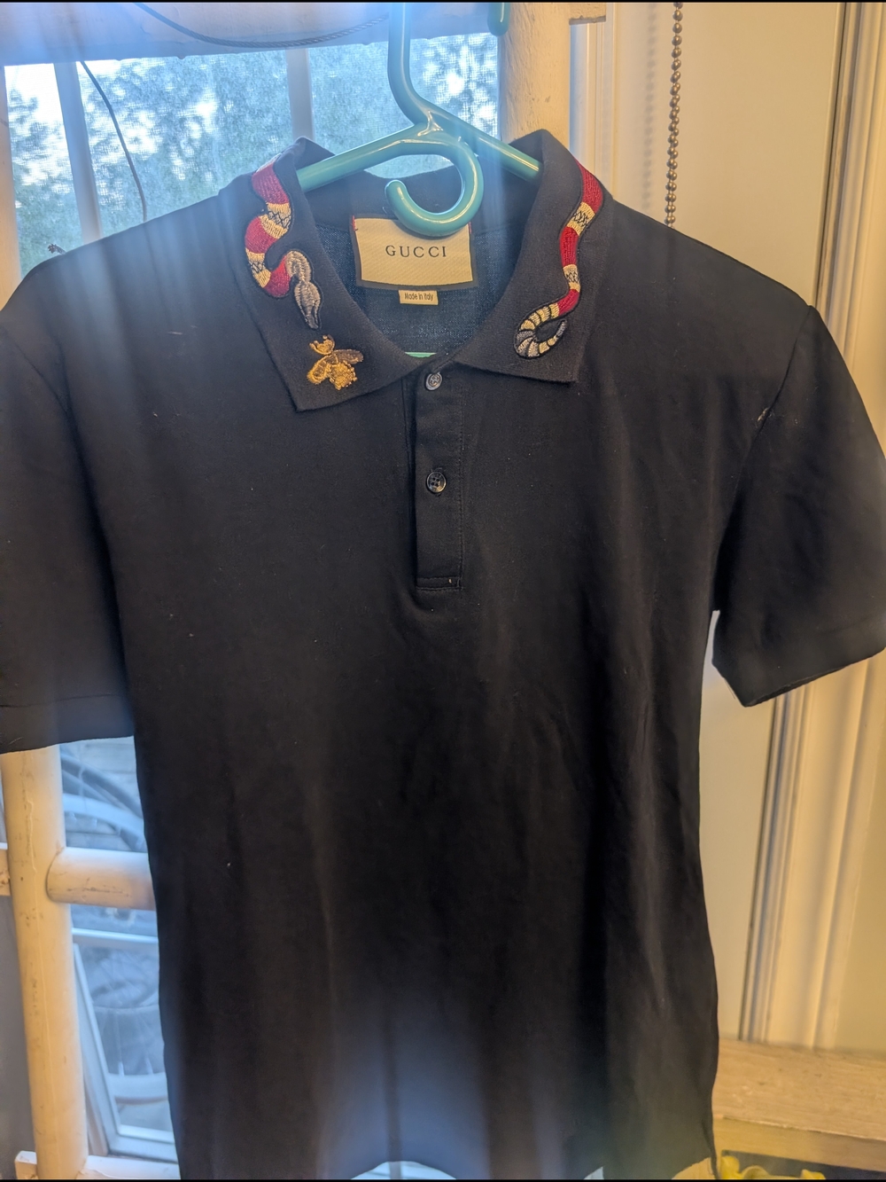 Gucci Black Polo with Red & White Snake Collar Embroidery